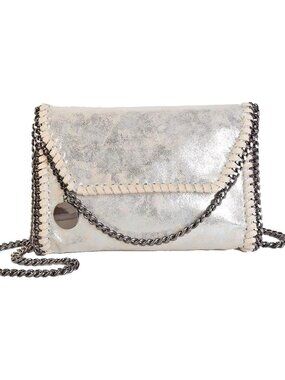 Beatfull Designer Chain Shoulder Msgr Bag In Soft Bright Silver Faux Leather NEW